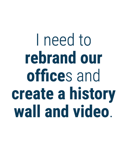 I need to rebrand our offices and create a history wall and video 